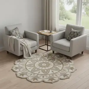 Photo of 6' Ivory And Beige Wool Medallion Hand Tufted Round Rug