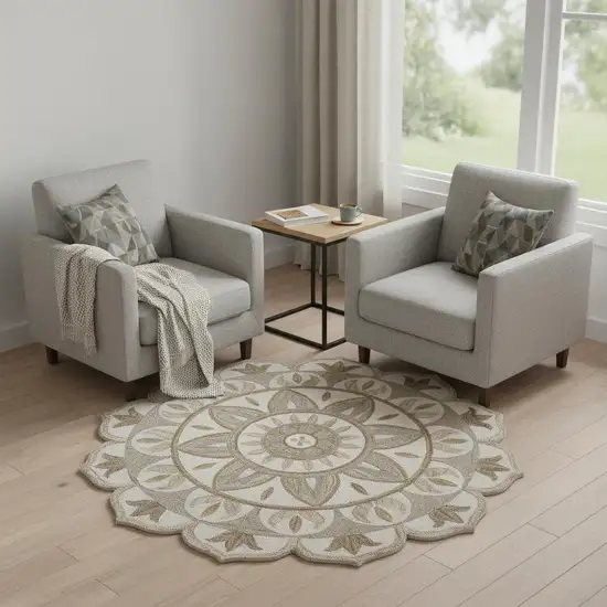 6' Ivory And Beige Wool Medallion Hand Tufted Round Rug Photo 1