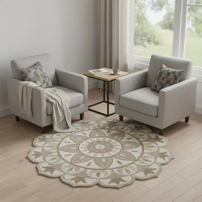 6' Ivory And Beige Wool Medallion Hand Tufted Round Rug Photo 1