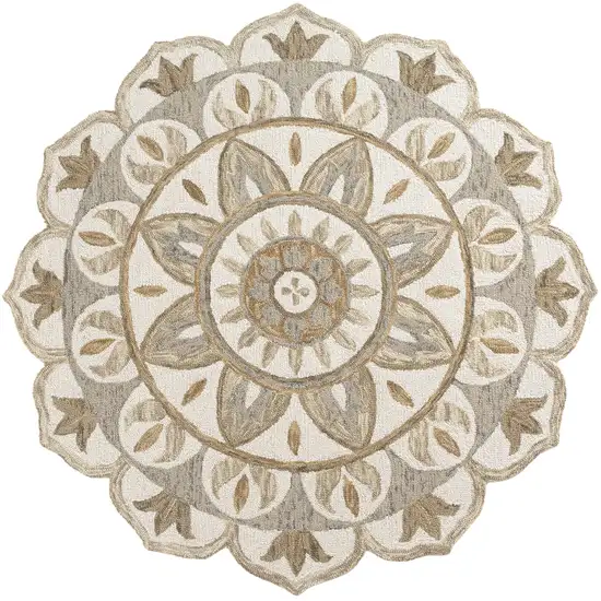 6' Ivory And Beige Wool Medallion Hand Tufted Round Rug Photo 2
