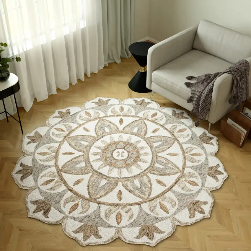 6' Ivory And Beige Wool Medallion Hand Tufted Round Rug Photo 5