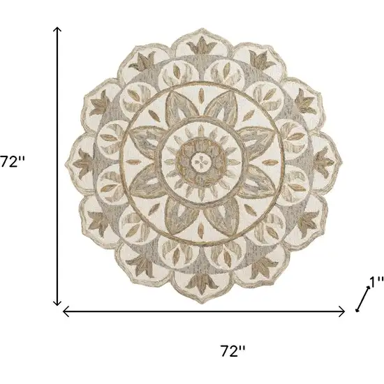 6' Ivory And Beige Wool Medallion Hand Tufted Round Rug Photo 3