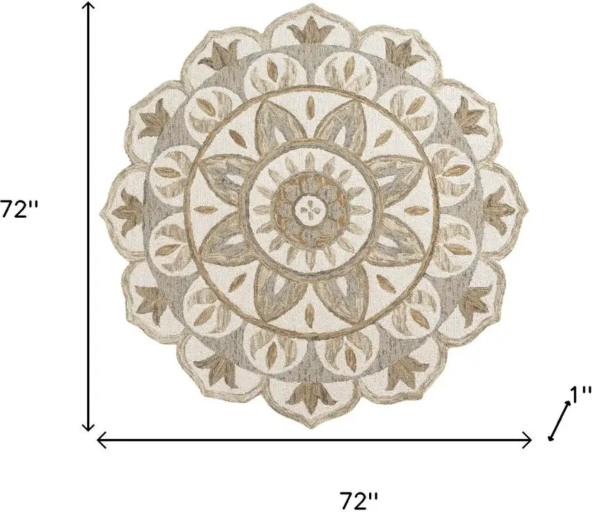 6' Ivory And Beige Wool Medallion Hand Tufted Round Rug Photo 3
