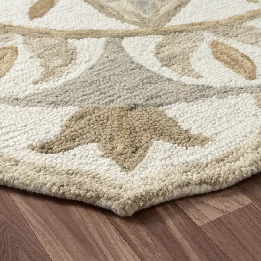 6' Ivory And Beige Wool Medallion Hand Tufted Round Rug Photo 8