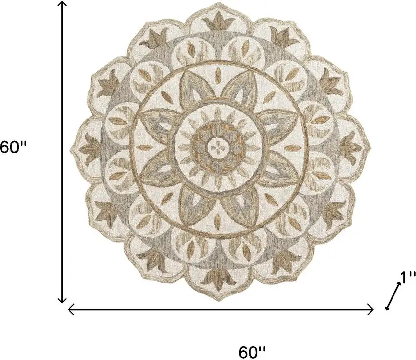 5' Ivory And Beige Wool Medallion Hand Tufted Round Rug Photo 3