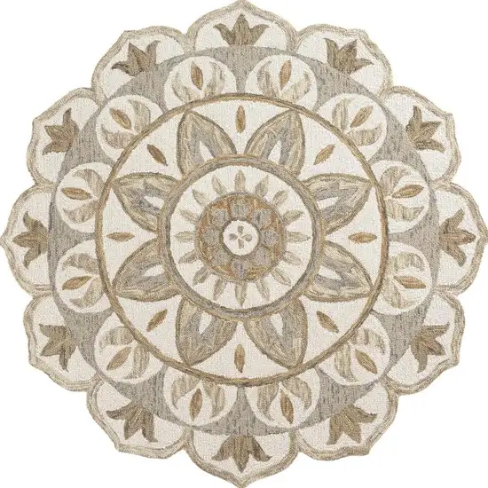 5' Ivory And Beige Wool Medallion Hand Tufted Round Rug Photo 5