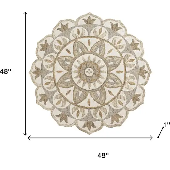 4' Ivory And Beige Wool Medallion Hand Tufted Round Rug Photo 3