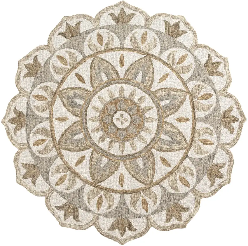 4' Ivory And Beige Wool Medallion Hand Tufted Round Rug Photo 2