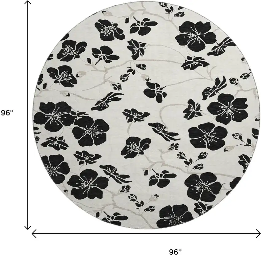 8' Ivory And Black Floral Washable Round Rug With UV Protection Photo 9