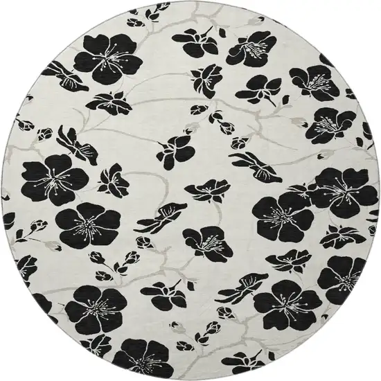 8' Ivory And Black Floral Washable Round Rug With UV Protection Photo 3