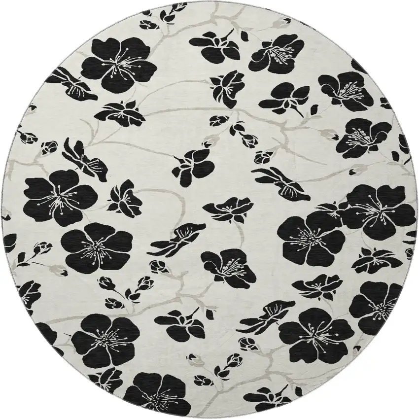 8' Ivory And Black Floral Washable Round Rug With UV Protection Photo 3