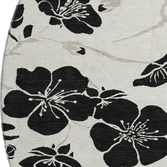 8' Ivory And Black Floral Washable Round Rug With UV Protection Photo 2