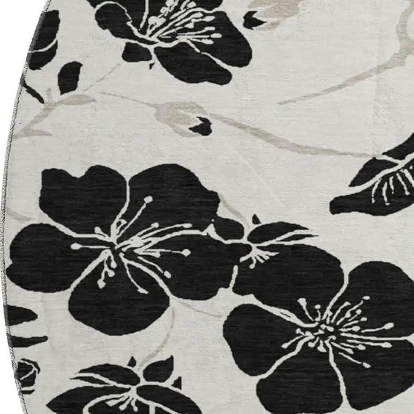 8' Ivory And Black Floral Washable Round Rug With UV Protection Photo 2