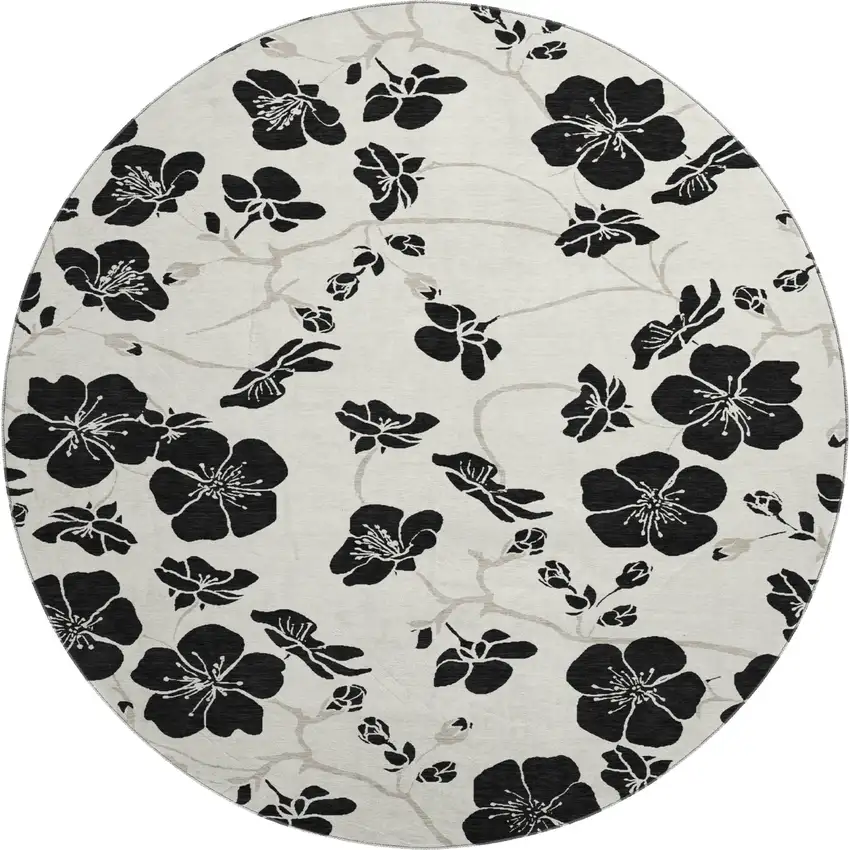 8' Ivory And Black Floral Washable Round Rug With UV Protection Photo 1