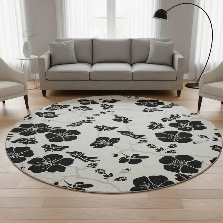 8' Ivory And Black Floral Washable Round Rug With UV Protection Photo 2