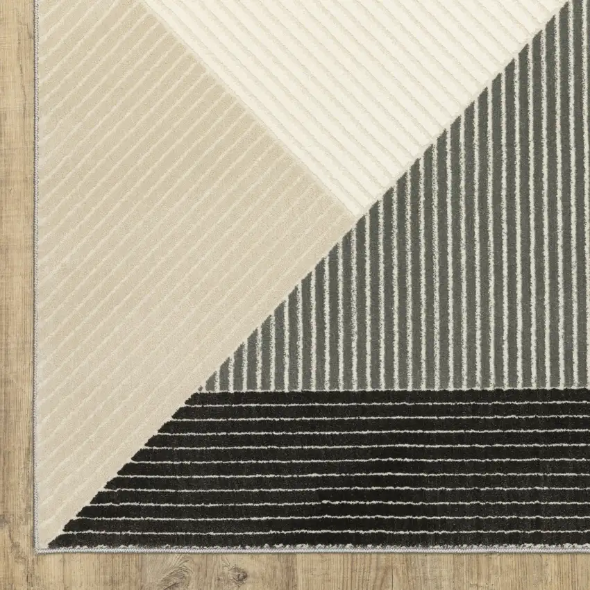 8' Ivory And Black Geometric Runner Rug Photo 9