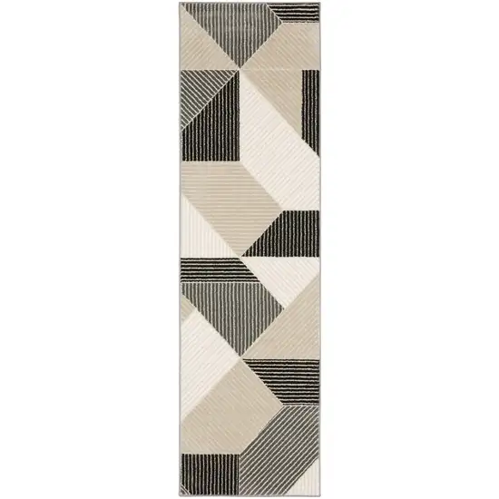 8' Ivory And Black Geometric Runner Rug Photo 2
