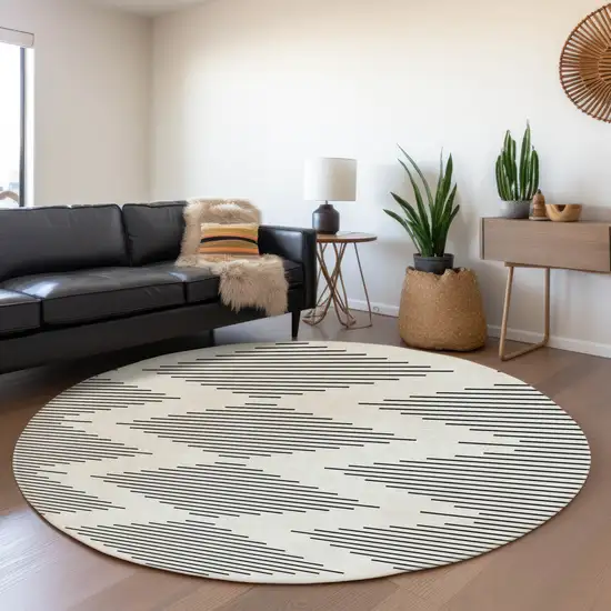 8' Ivory And Black Geometric Washable Round Rug With UV Protection Photo 3