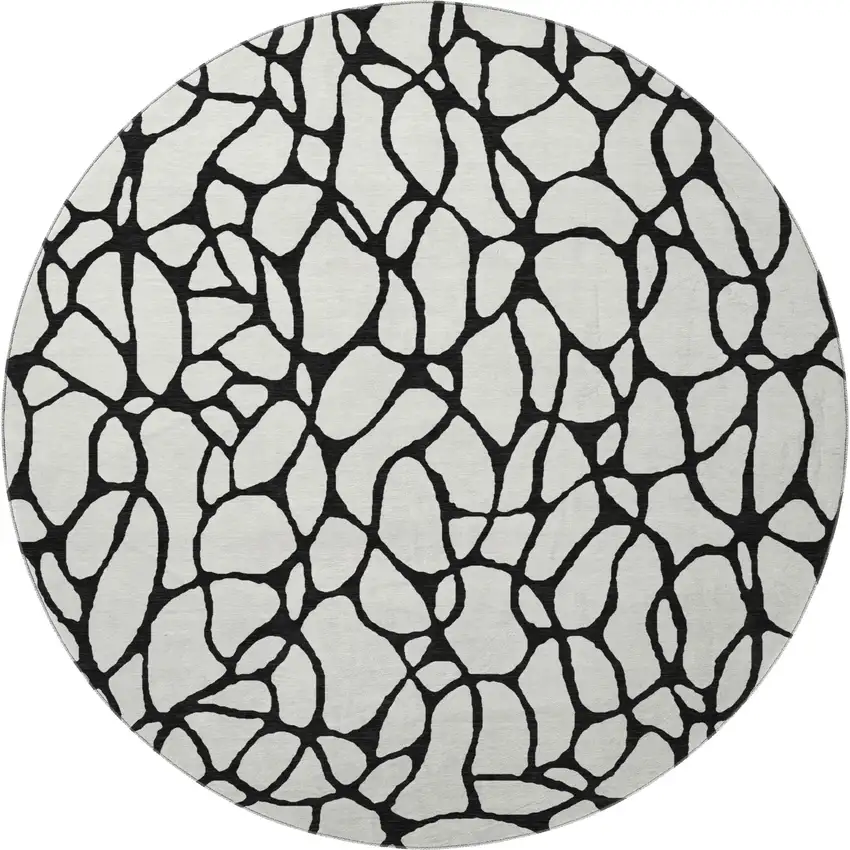 8' Ivory And Black Geometric Washable Round Rug With UV Protection Photo 3