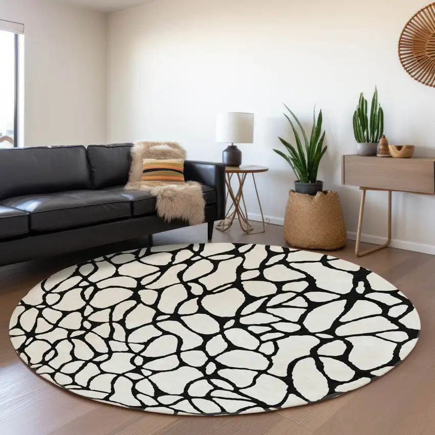 8' Ivory And Black Geometric Washable Round Rug With UV Protection Photo 4