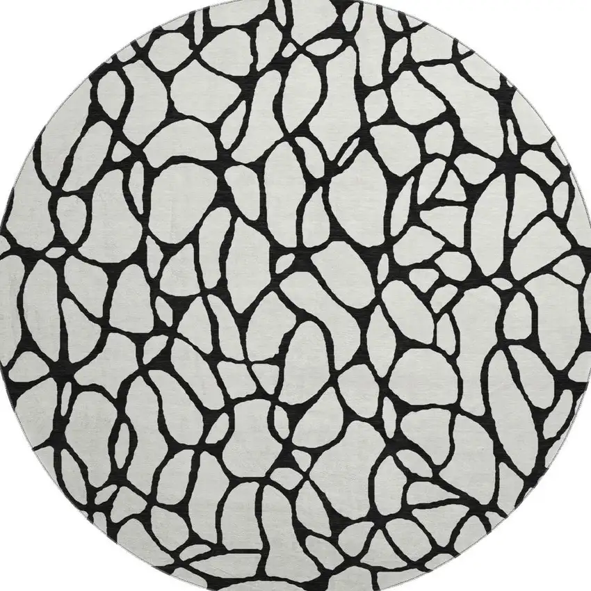 8' Ivory And Black Geometric Washable Round Rug With UV Protection Photo 2