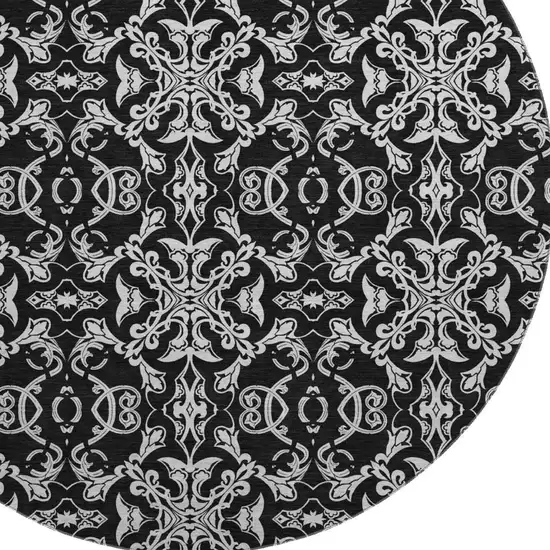 8' Ivory And Black Medallion Washable Round Rug With UV Protection Photo 3