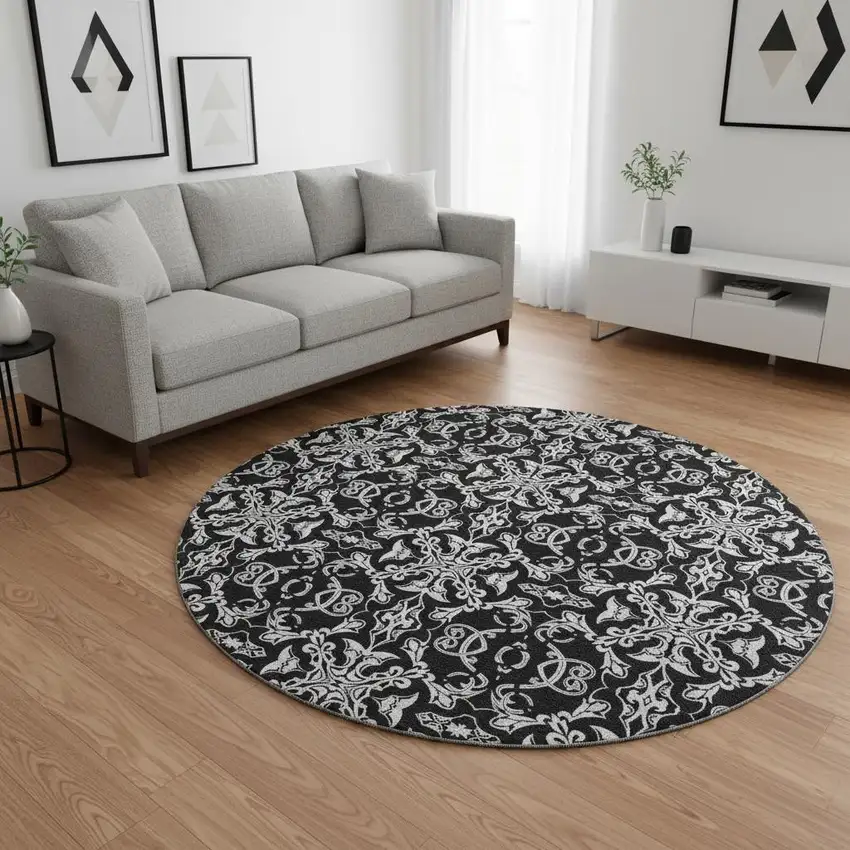 8' Ivory And Black Medallion Washable Round Rug With UV Protection Photo 2