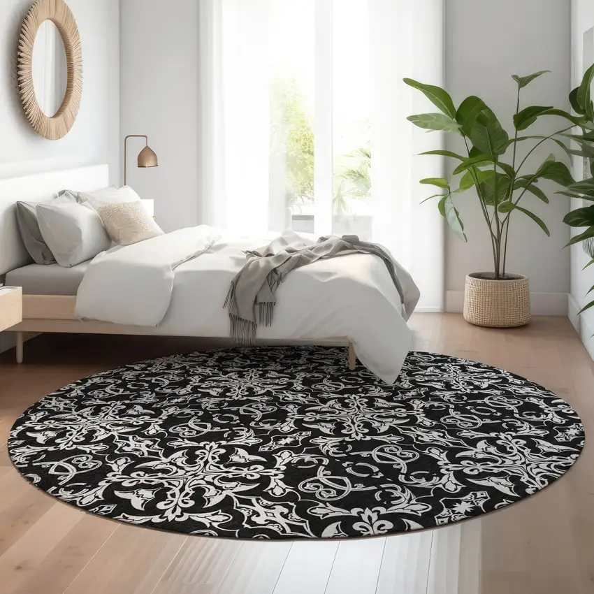 8' Ivory And Black Medallion Washable Round Rug With UV Protection Photo 5