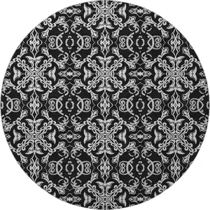 Photo of 8' Ivory And Black Medallion Washable Round Rug With UV Protection