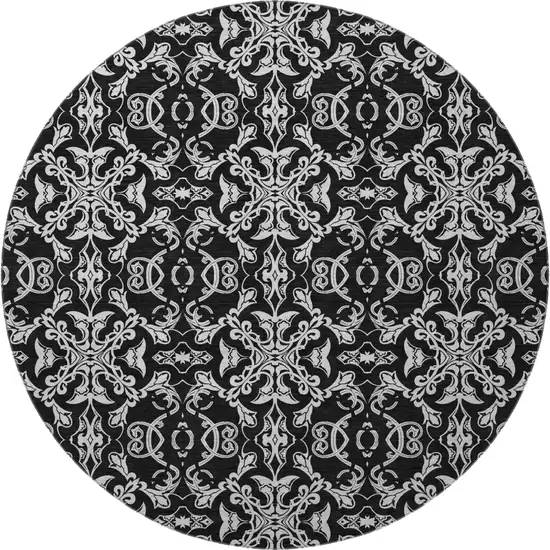 8' Ivory And Black Medallion Washable Round Rug With UV Protection Photo 4