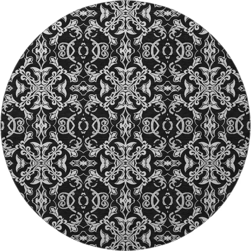 8' Ivory And Black Medallion Washable Round Rug With UV Protection Photo 4