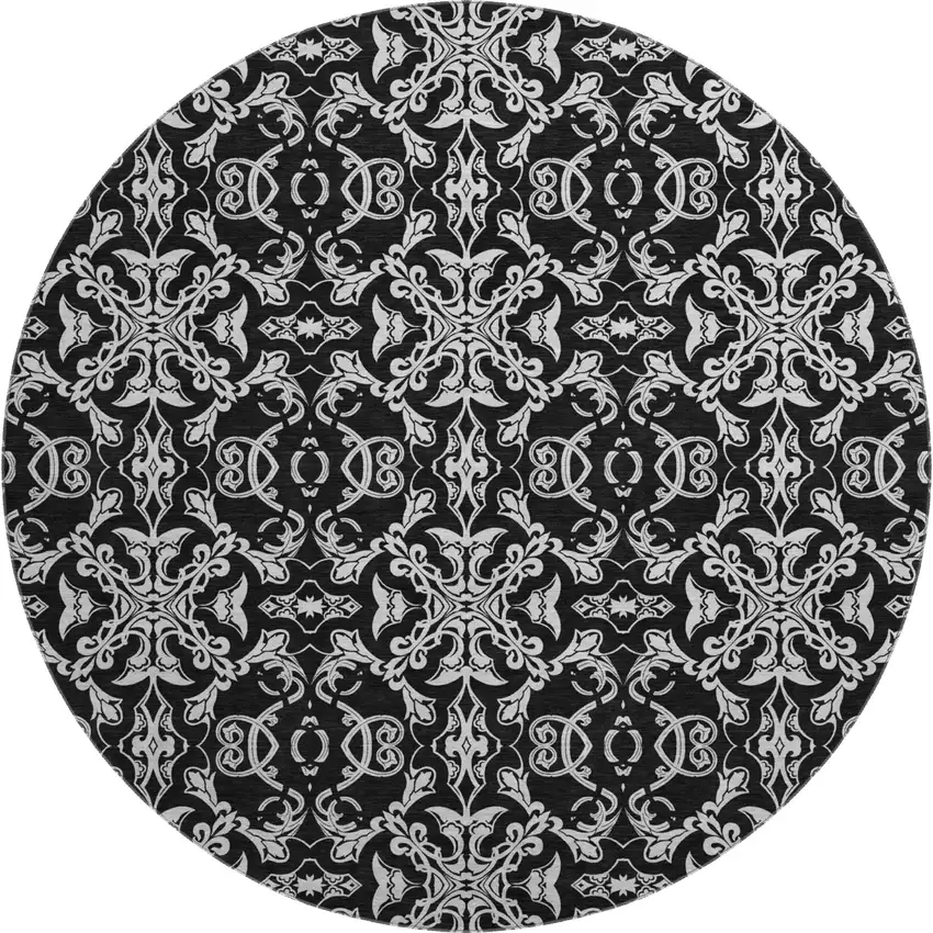 8' Ivory And Black Medallion Washable Round Rug With UV Protection Photo 1