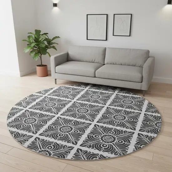 8' Ivory And Black Medallion Washable Round Rug With UV Protection Photo 2