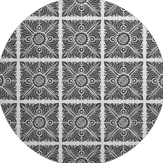 8' Ivory And Black Medallion Washable Round Rug With UV Protection Photo 4