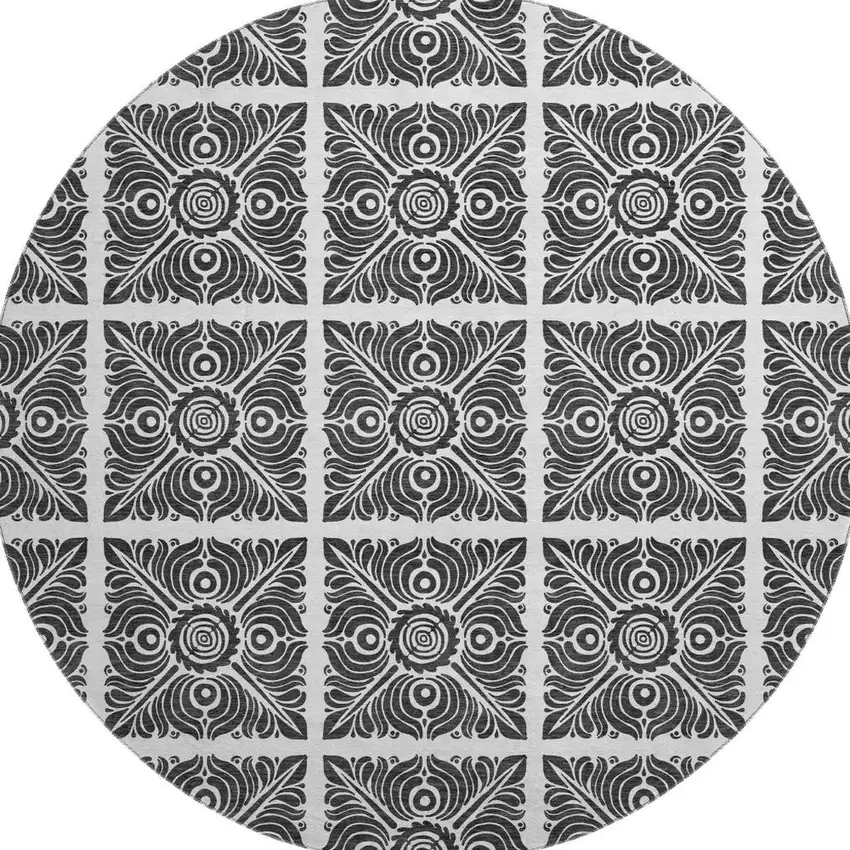 8' Ivory And Black Medallion Washable Round Rug With UV Protection Photo 4