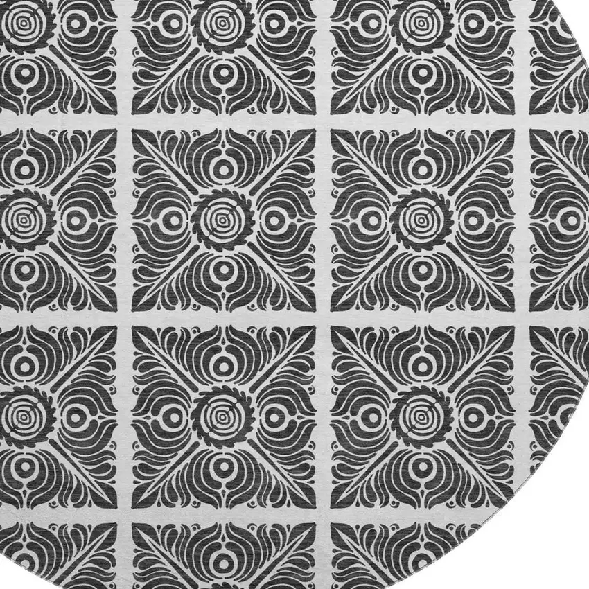 8' Ivory And Black Medallion Washable Round Rug With UV Protection Photo 3