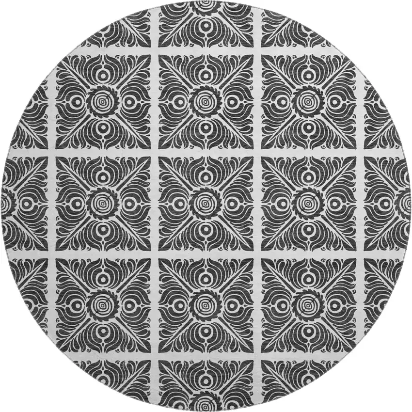 8' Ivory And Black Medallion Washable Round Rug With UV Protection Photo 1