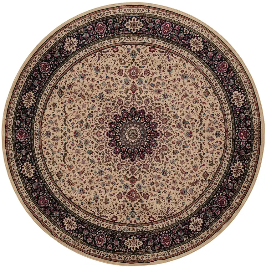 8' Ivory And Black Oriental Round Rug Photo 5