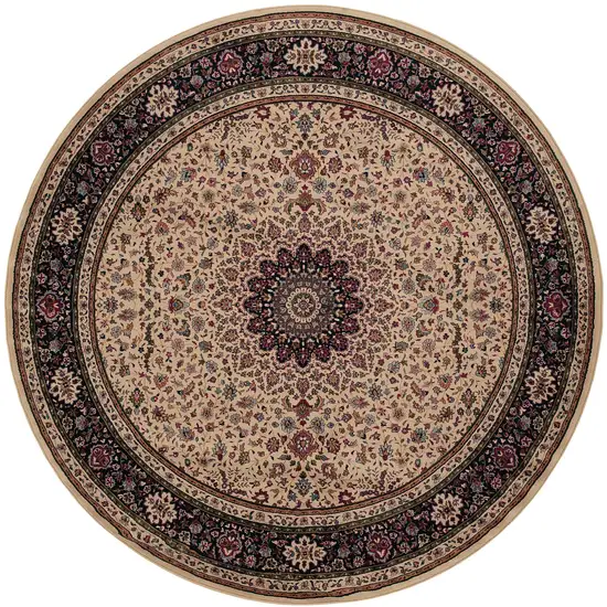 8' Ivory And Black Oriental Round Rug Photo 5