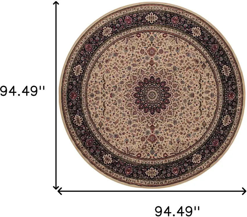 8' Ivory And Black Oriental Round Rug Photo 3
