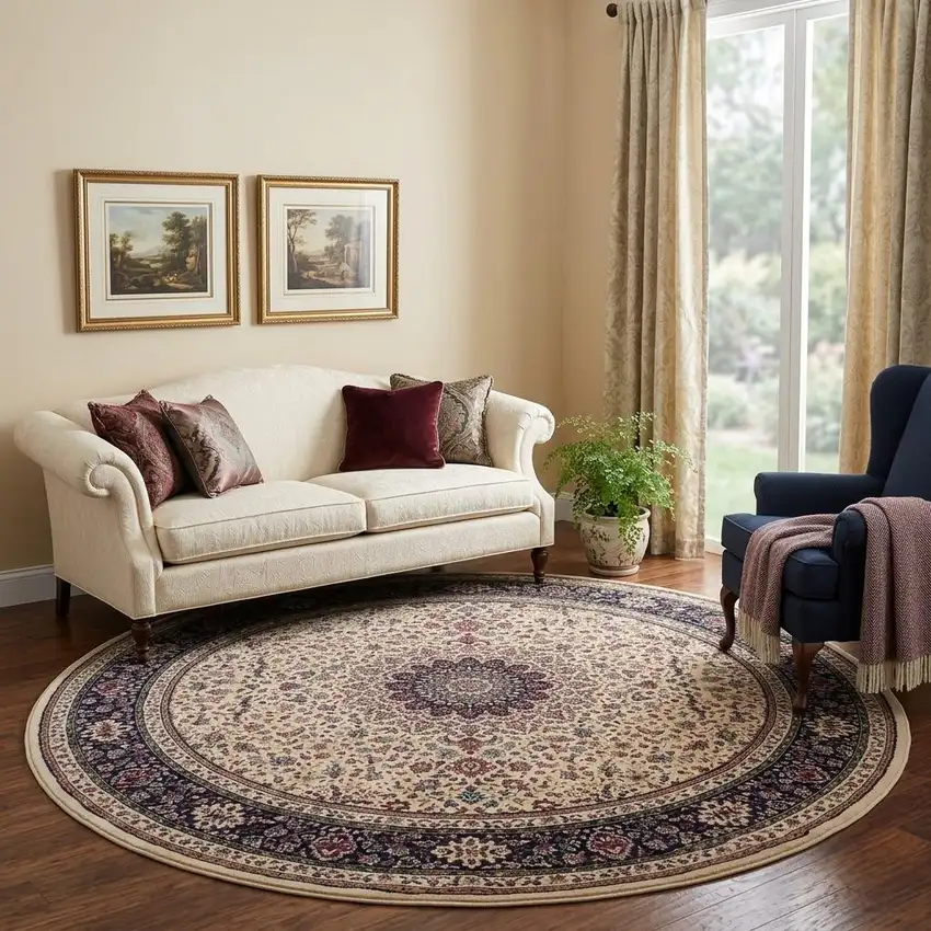 8' Ivory And Black Oriental Round Rug Photo 1