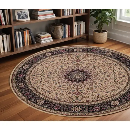 8' Ivory And Black Oriental Round Rug Photo 1