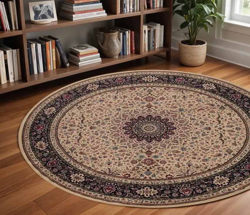 8' Ivory And Black Oriental Round Rug Photo 1