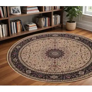 Photo of 8' Ivory And Black Oriental Round Rug