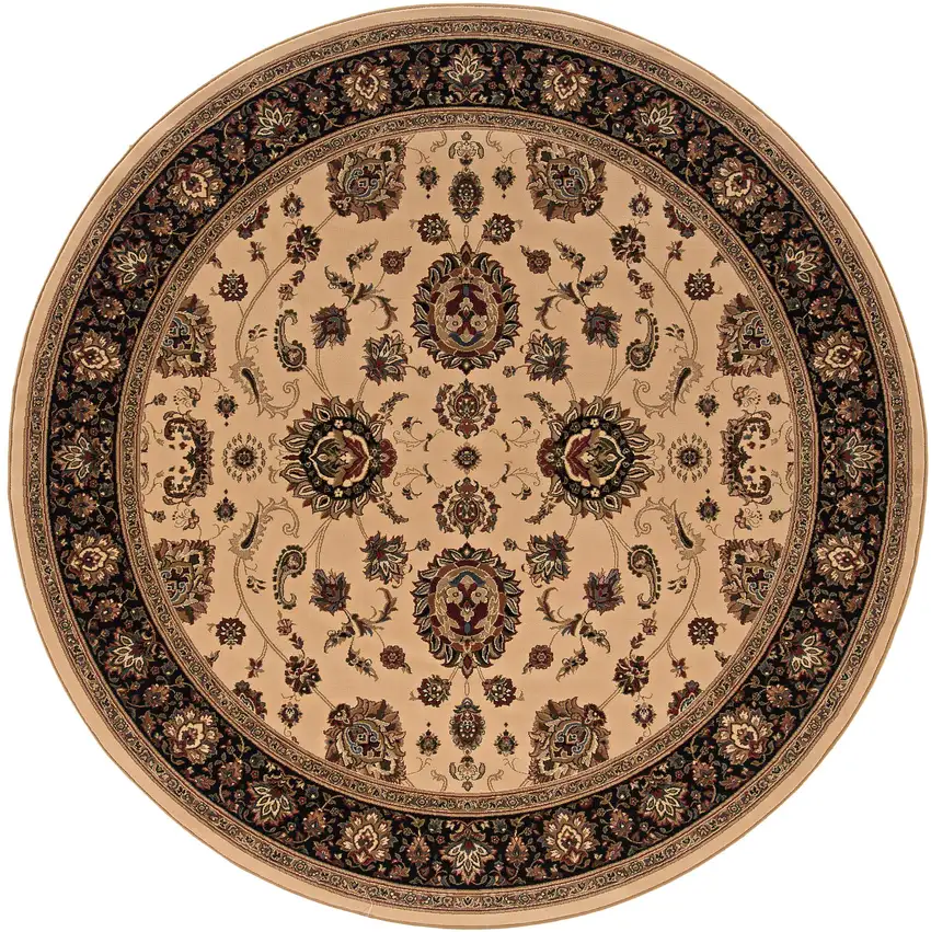 6' Ivory And Black Oriental Round Rug Photo 2