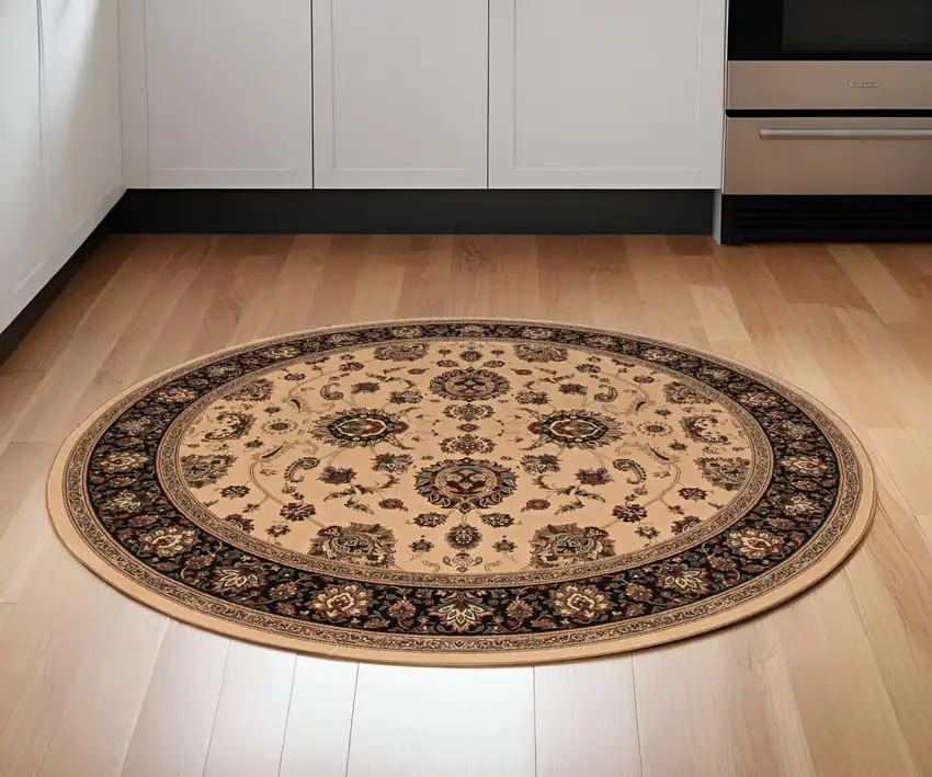 6' Ivory And Black Oriental Round Rug Photo 1