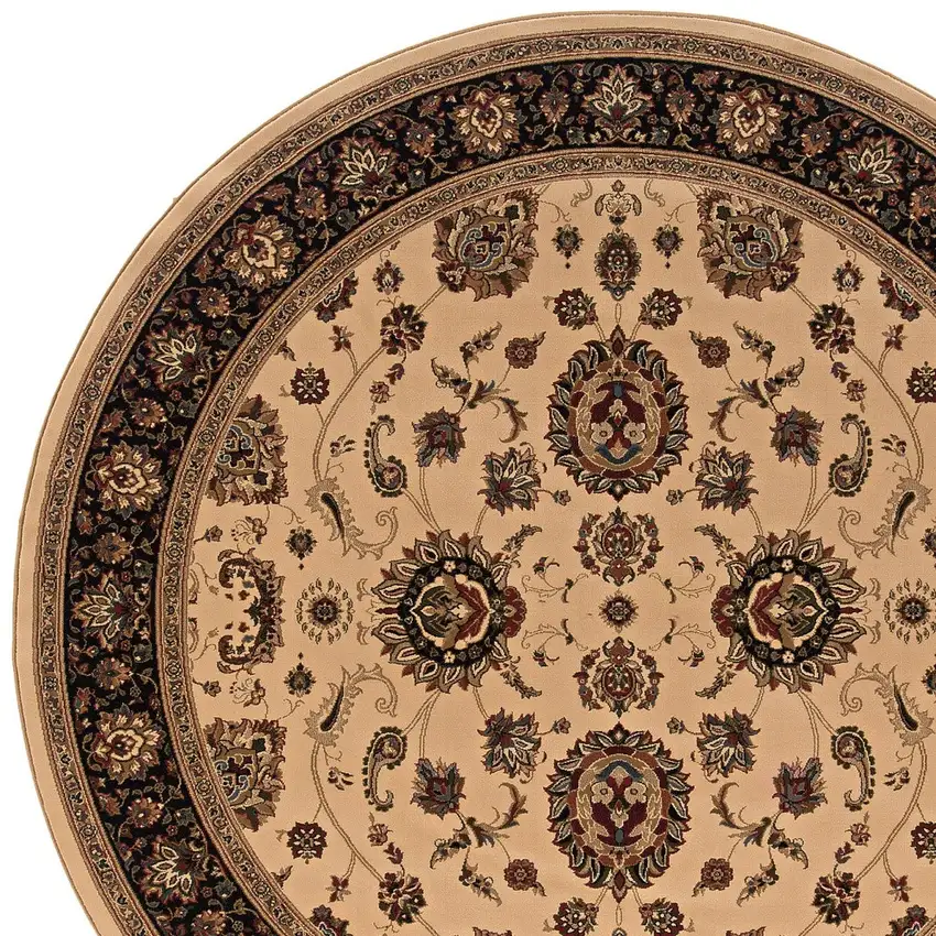 6' Ivory And Black Oriental Round Rug Photo 4