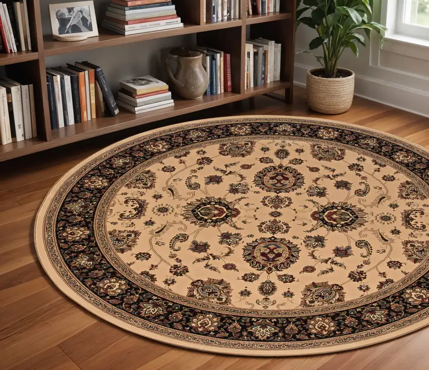 8' Ivory And Black Oriental Round Rug Photo 1