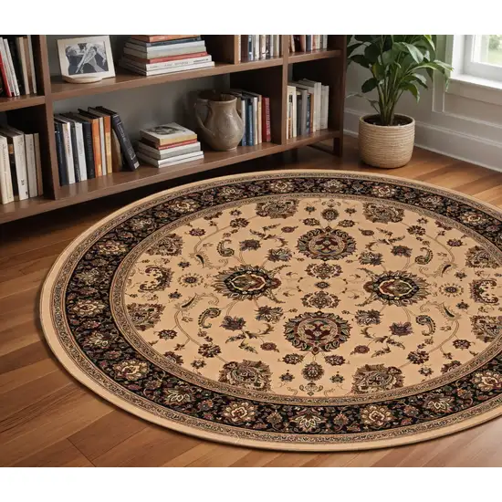8' Ivory And Black Oriental Round Rug Photo 1