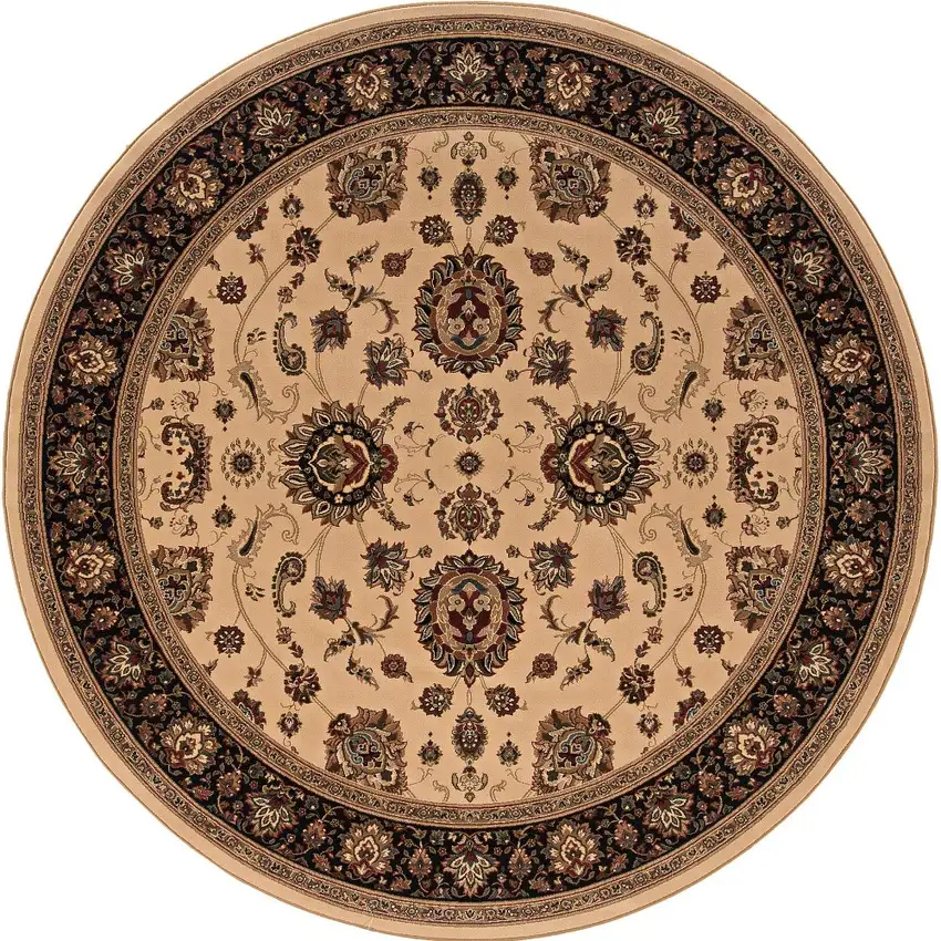8' Ivory And Black Oriental Round Rug Photo 5
